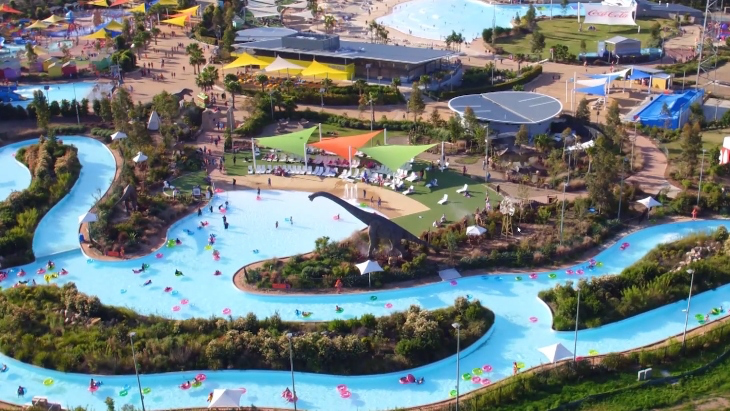 an aerial shot of the colourful rides at raging waters 