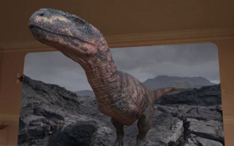 A dinosaur seen in an Apple Vision Pro