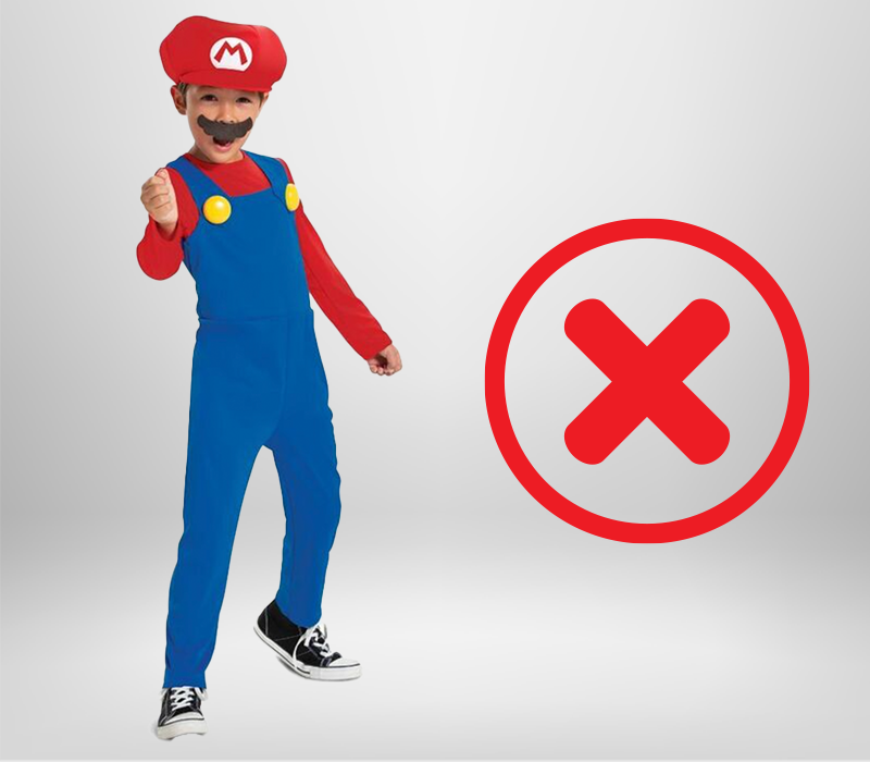 Boy dressed up as SuperMario, big X next to him. 