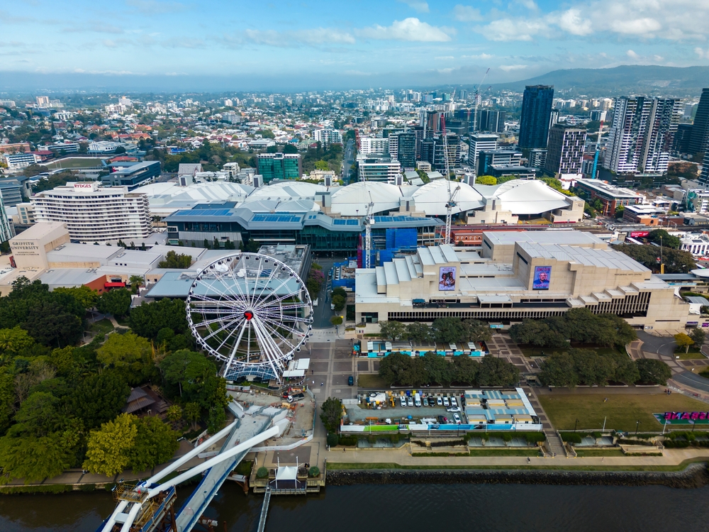 an aerial view of Brisbane giving great perspective of the BrisbaneWheel’s incredible size